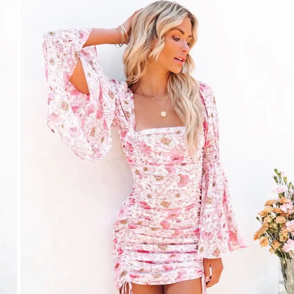 Vici Precious Poppies Ruched Bell Sleeve Dress